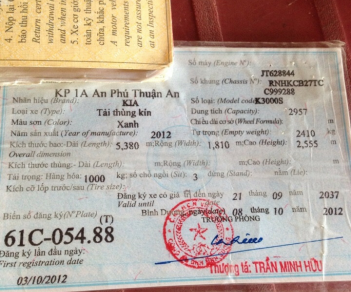 Thaco Kia 2012 - Bán ô tô Kia đăng ký 2012, màu xanh lãm chính chủ 230tr bao công chứng. Xe thùng kín lắp máy lạnh