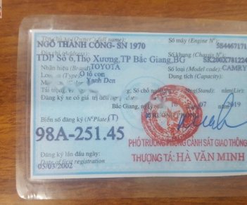 Toyota Camry 2002 - Bán Toyota Camry đời 2002, màu xanh lam, nhập khẩu nguyên chiếc chính chủ, 265tr